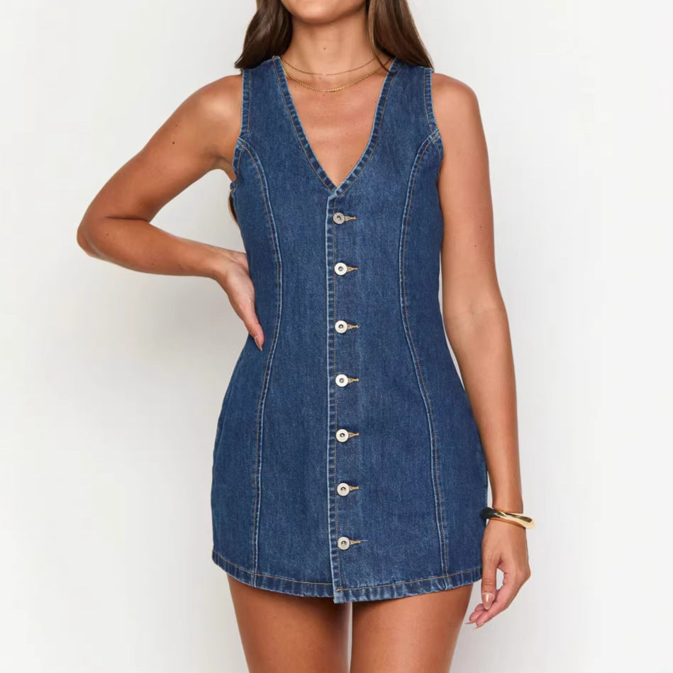 Damen Jeanskleid mit V-Ausschnitt und Knopfleiste Drune