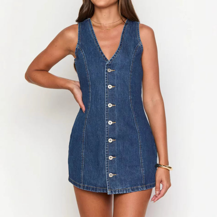 Damen Jeanskleid mit V-Ausschnitt und Knopfleiste Drune