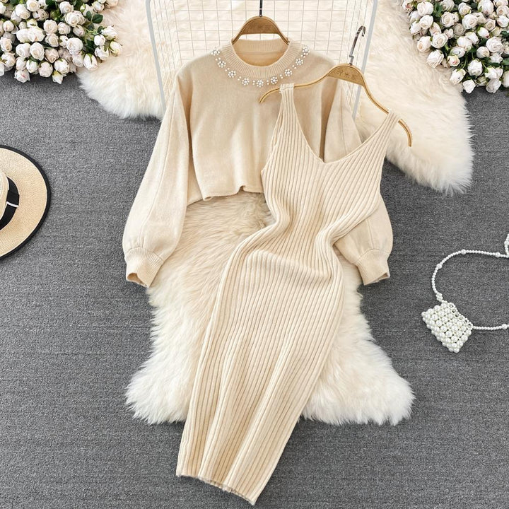 Damen Strickkleid mit eleganter Rippstruktur und femininen Trägern Drune