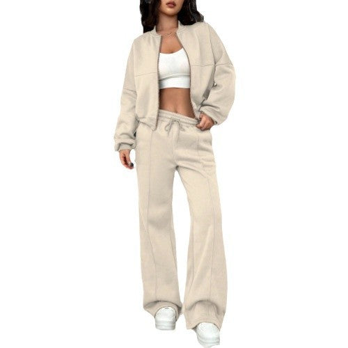 Damen nan kurz geschnittenes Blouson mit Reißverschluss und weiter High-Waist Jogginghose Set Drune