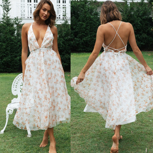 Damen Maxi-Kleid mit tiefem V-Ausschnitt und fließendem Chiffon Drune