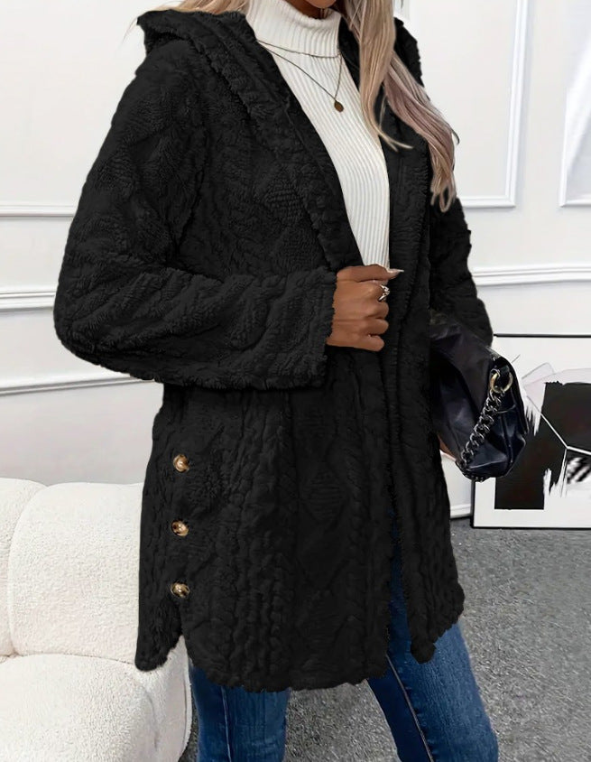 Damen kuscheliger Oversized-Mantel mit Kapuze und Knopfleiste Drune