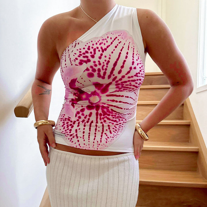 Damen asymmetrisches Trägershirt mit floraler Druckgestaltung Drune