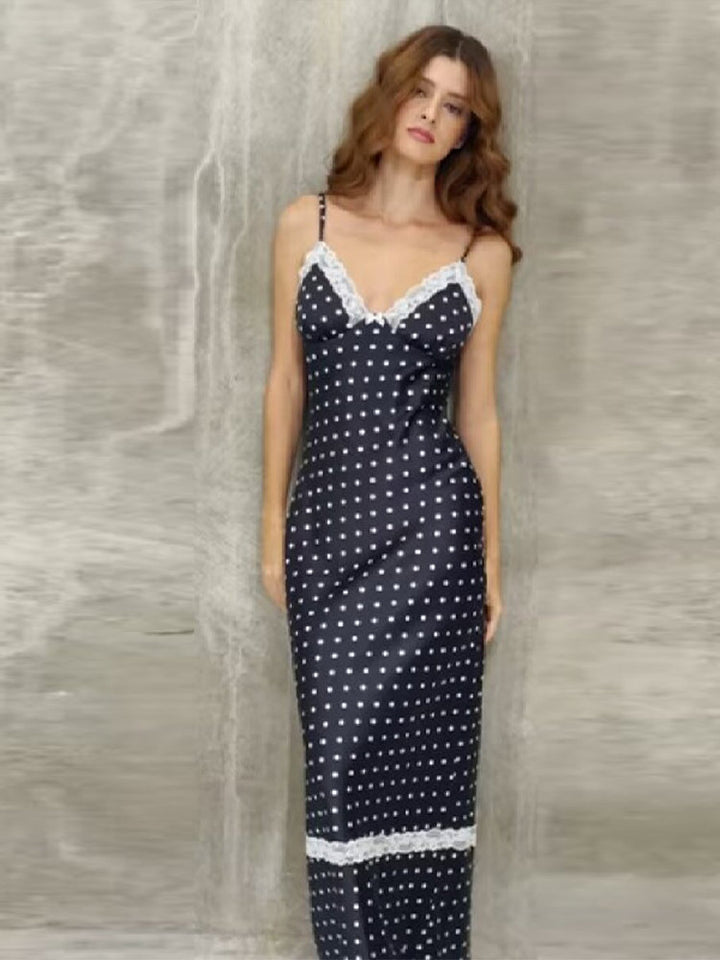 Damen Satin Nachthemd mit Spitzenapplikationen und Polka-Dots Drune