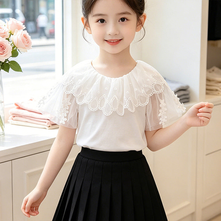 Mädchen T-Shirt mit elegantem Tüllkragen und floralem Detail Drune