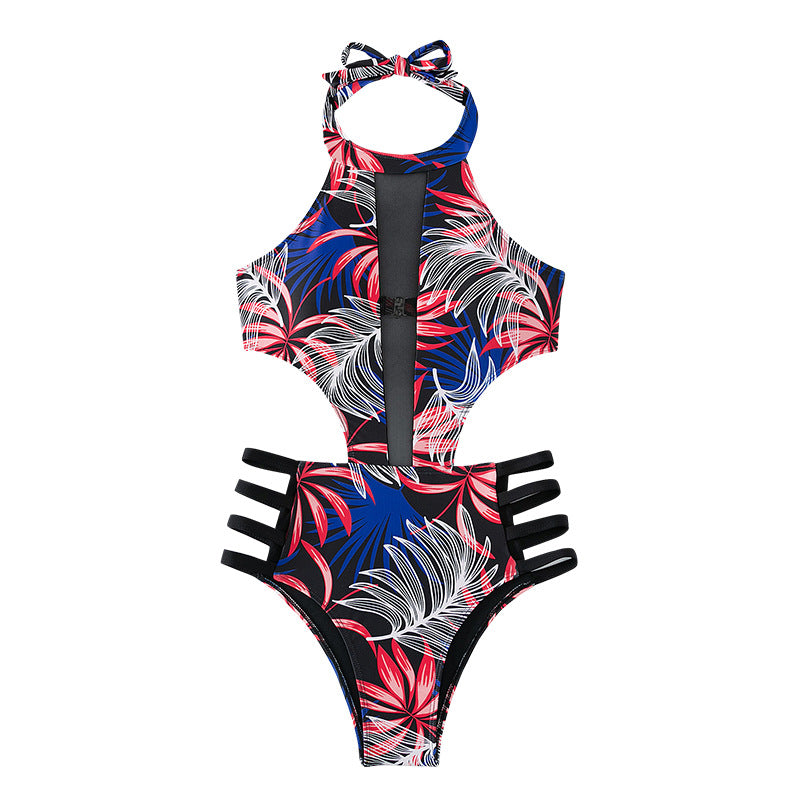 Damen Hochgeschlossener Badeanzug mit floralem Muster und Cut-Out Details Drune