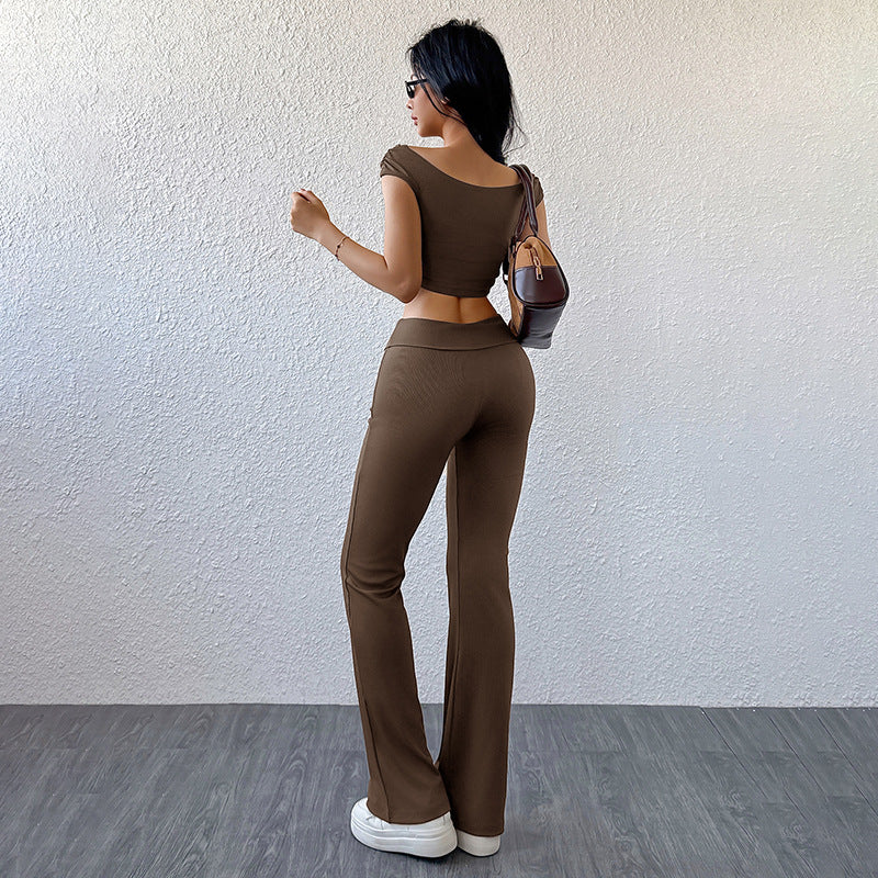Damen sportliches Zweiteiler-Set mit Off-Shoulder-Oberteil und lässigen Schlaghosen Drune