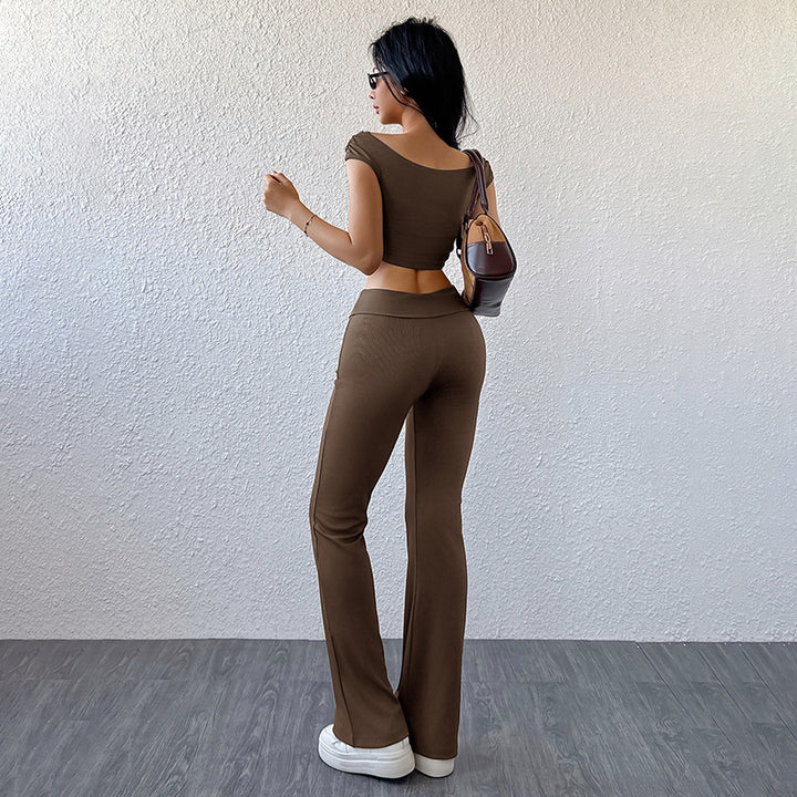 Damen sportliches Zweiteiler-Set mit Off-Shoulder-Oberteil und lässigen Schlaghosen Drune