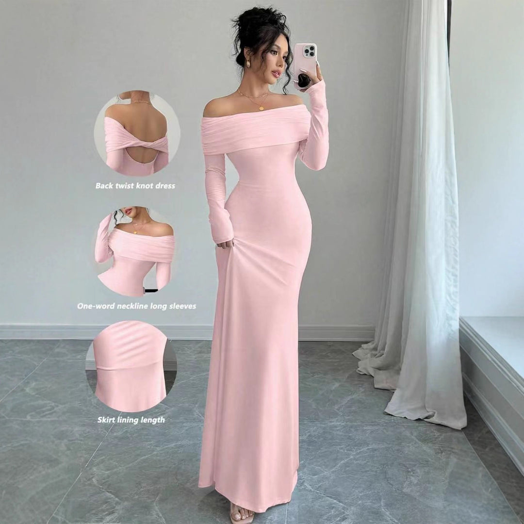 Damen Elegantes Off-Shoulder-Maxikleid mit figurbetontem Schnitt und langen Ärmeln Drune