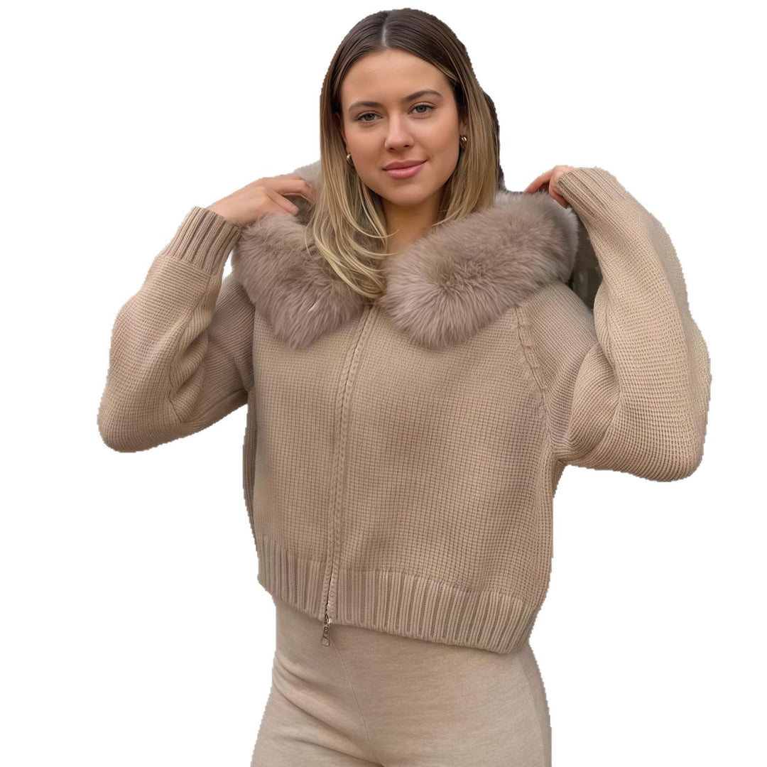 Damen Strickjacke mit Kunstfellkapuze Drune