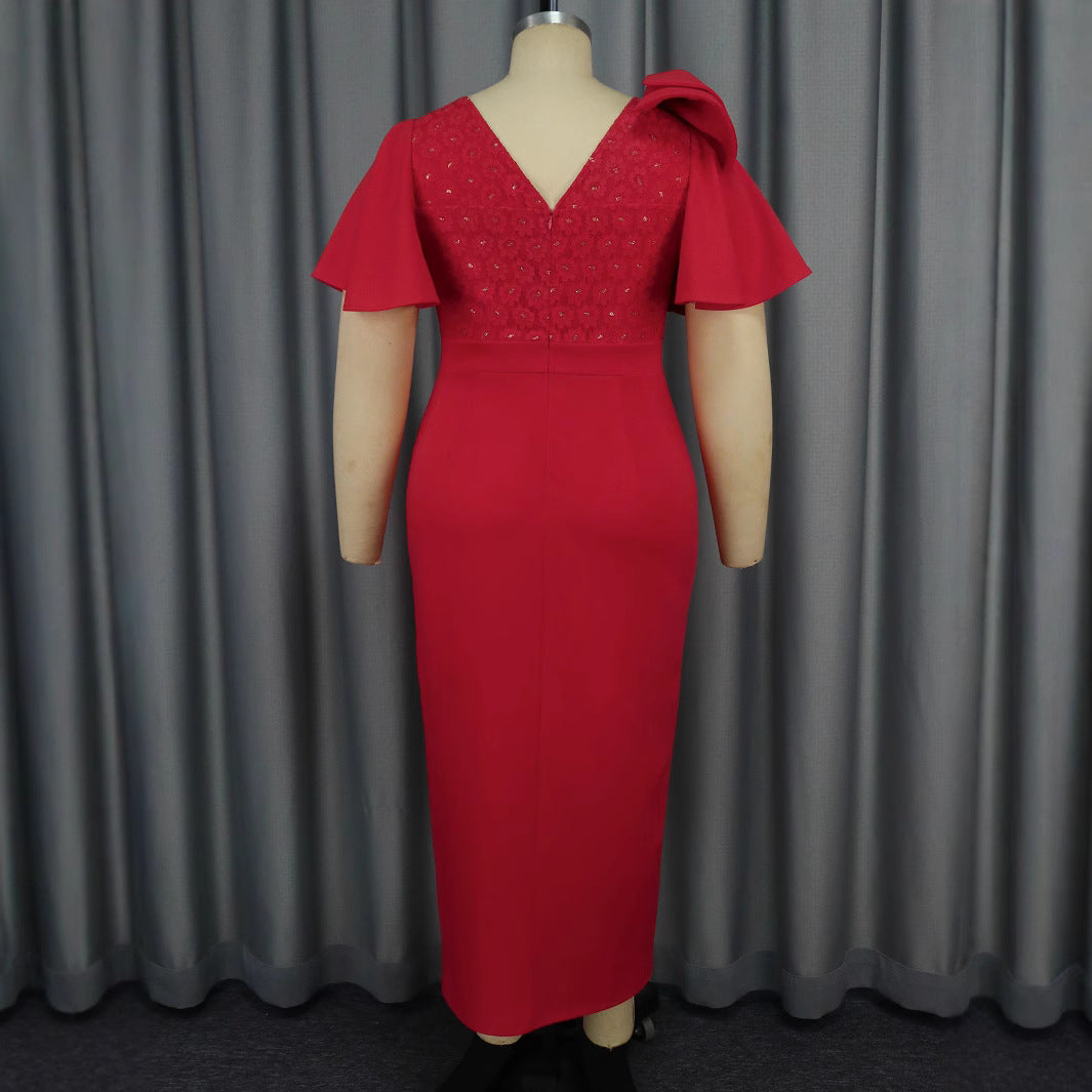 Damen Elegantes Abendkleid mit floralem Spitzenoberteil und voluminösen Rüschensäumen Drune