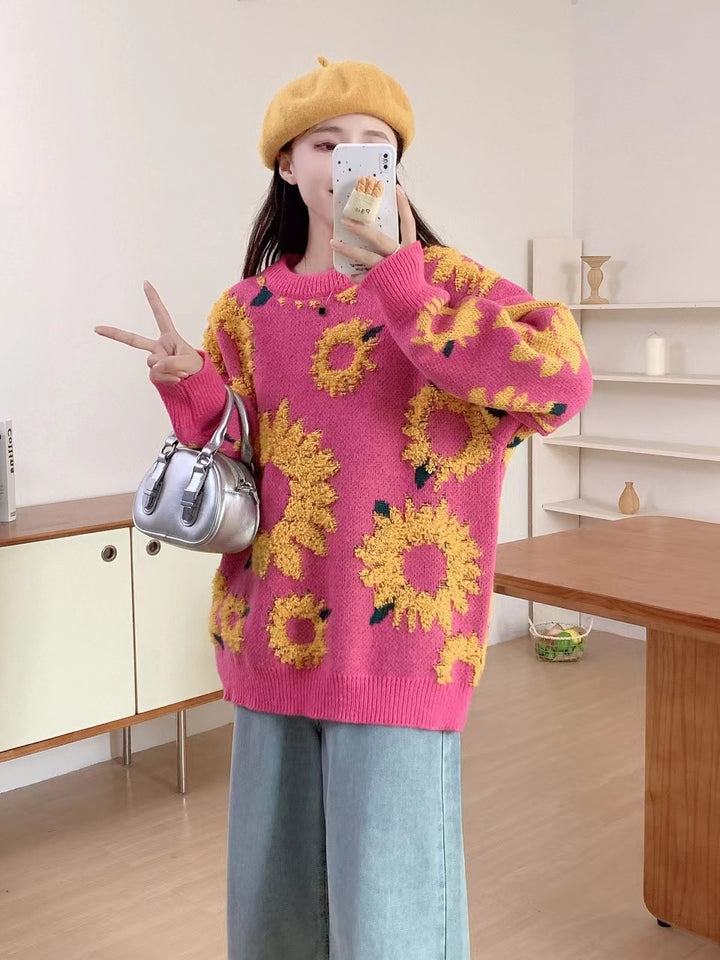 Damen Grobstrickpullover mit floralen Applikationen Drune