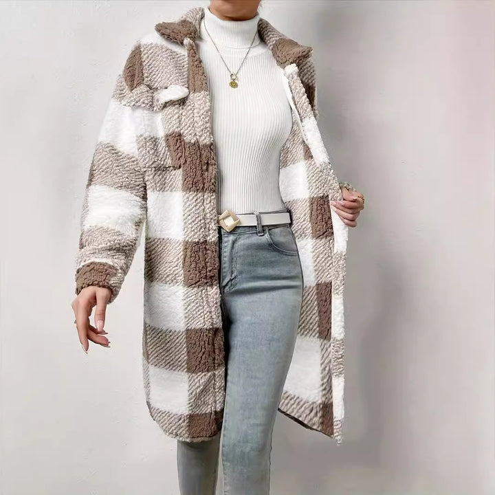 Damen Teddy-Pulloverjacke mit kariertem Muster und praktischen Taschen Drune