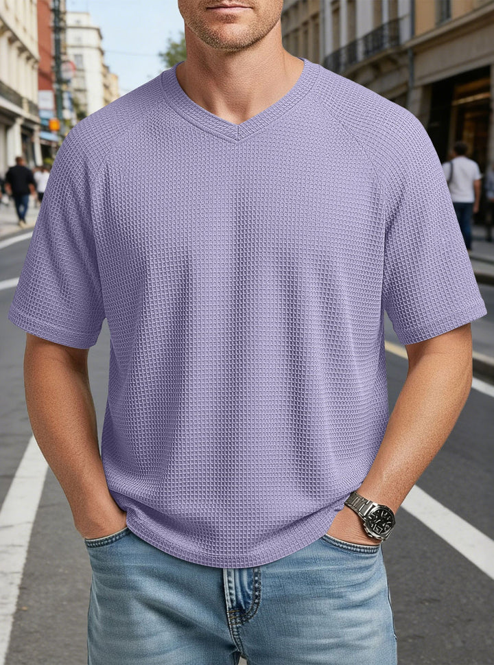 Herren nan lässiges V-Ausschnitt Waffelstrick-T-Shirt aus atmungsaktivem Baumwollmix Drune