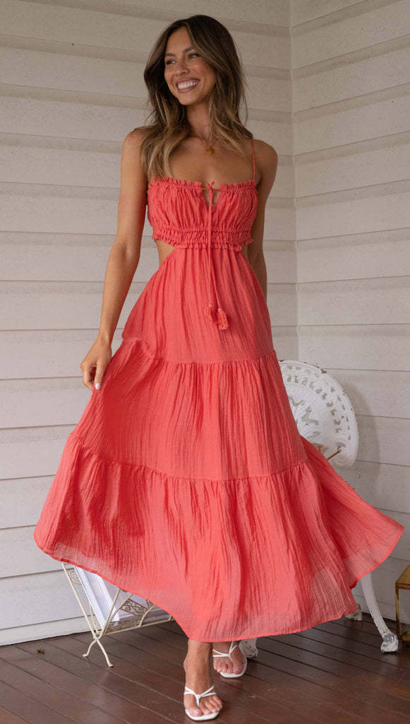 Damen luftiges Maxikleid mit Rüschendetails und verstellbarem Taillenband Drune