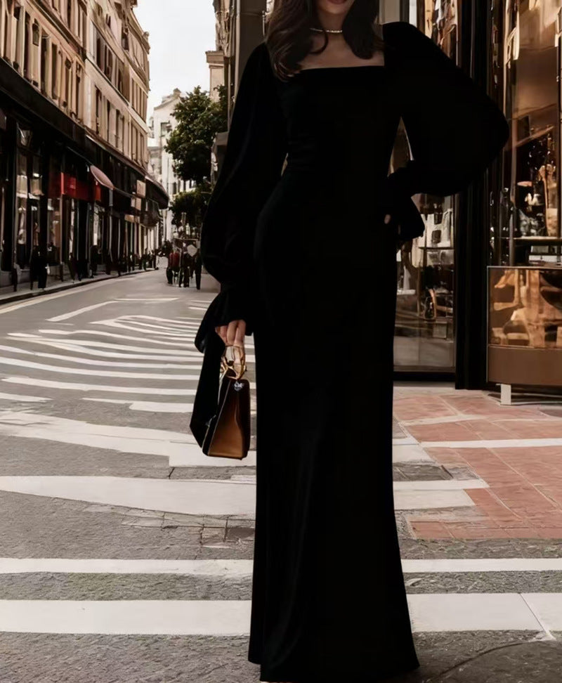 Damen elegantes Maxikleid mit Puffärmeln und quadratischem Ausschnitt Drune