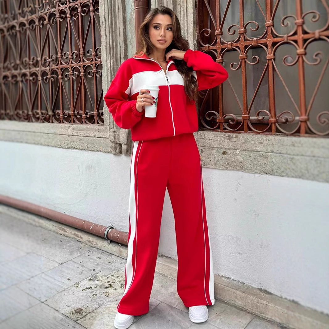 Damen sportlicher Fleece-Jogginganzug mit durchgehendem Reißverschluss und elastischen Bündchen Drune