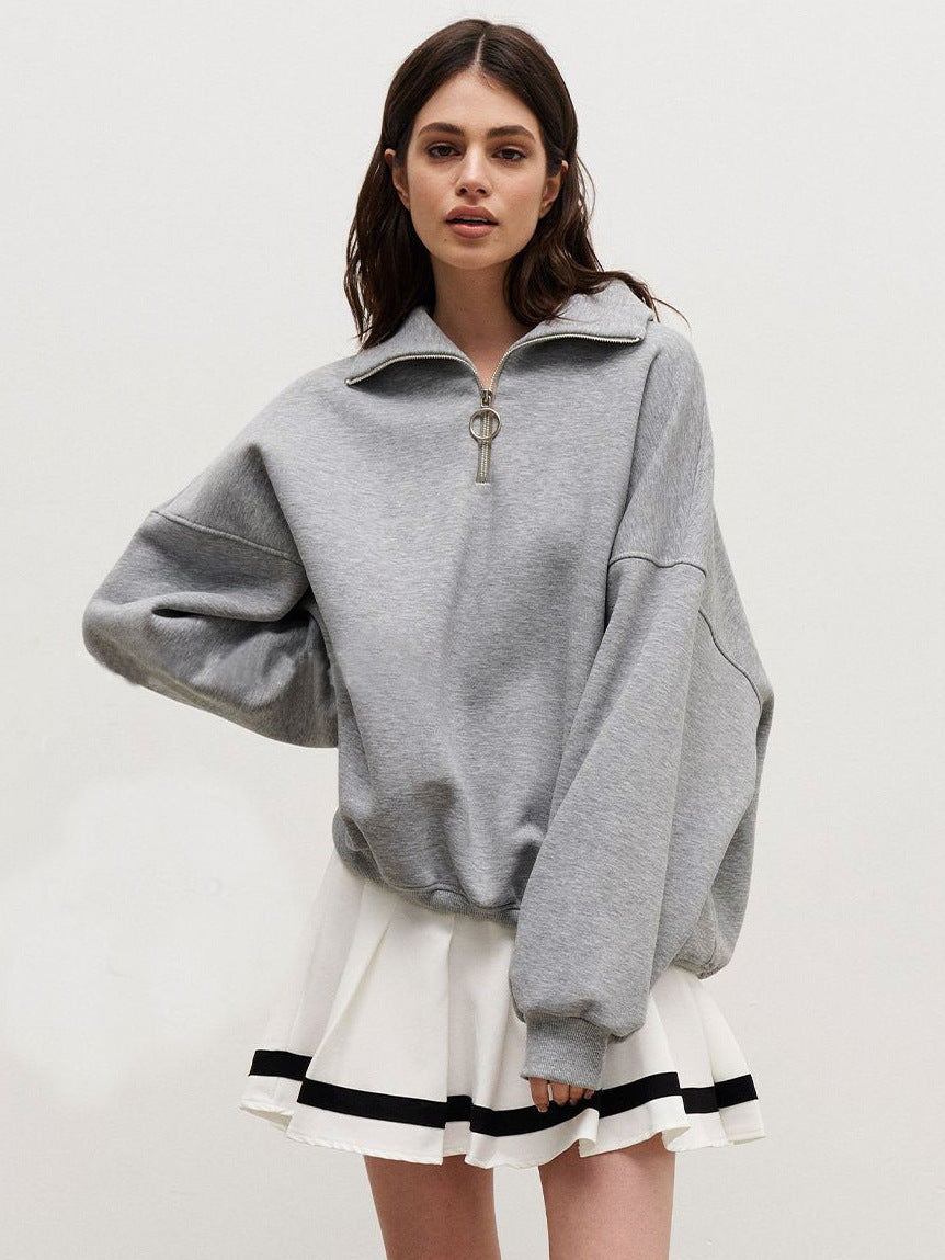Damen modischer Oversized-Fleece-Pullover mit hohem Kragen Drune
