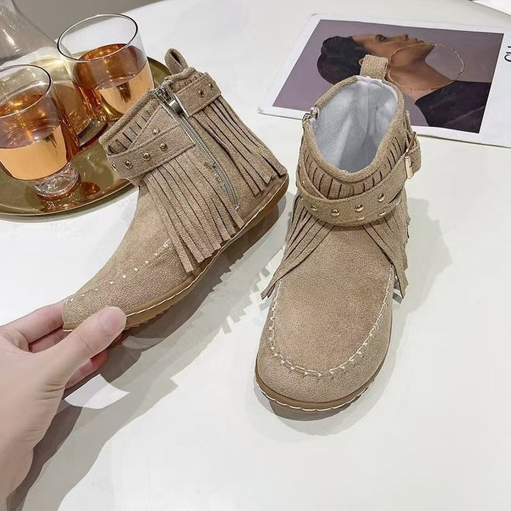 Damen nan Fransen-Mokassin-Stiefelette mit Ziergurt, Schnalle und weicher Gummisohle Drune