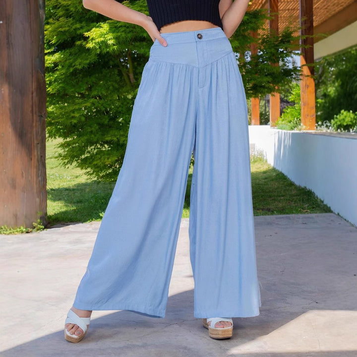 Damen nan hochgeschnittene Palazzo-Hose mit geraffter Passe, weitem Bein und Eingrifftaschen Drune