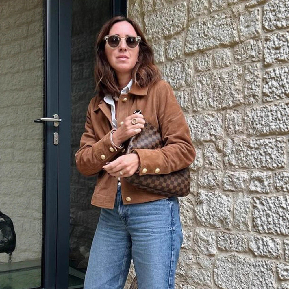 Damen Kunstlederjacke mit goldenen Knöpfen und modernem Schnitt Drune