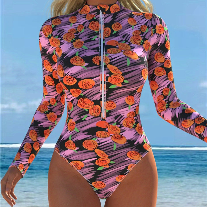 Damen Langarm-Badeanzug mit Reißverschluss und floralem Design Drune