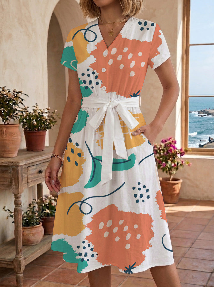 Damen Midikleid mit farbenfrohem Blumendesign und taillierbarem Bindegürtel Drune