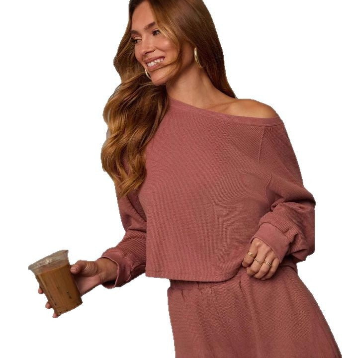 Damen lässiges Kurzarm-Oberteil und Shorts-Set im Waffelmuster Drune
