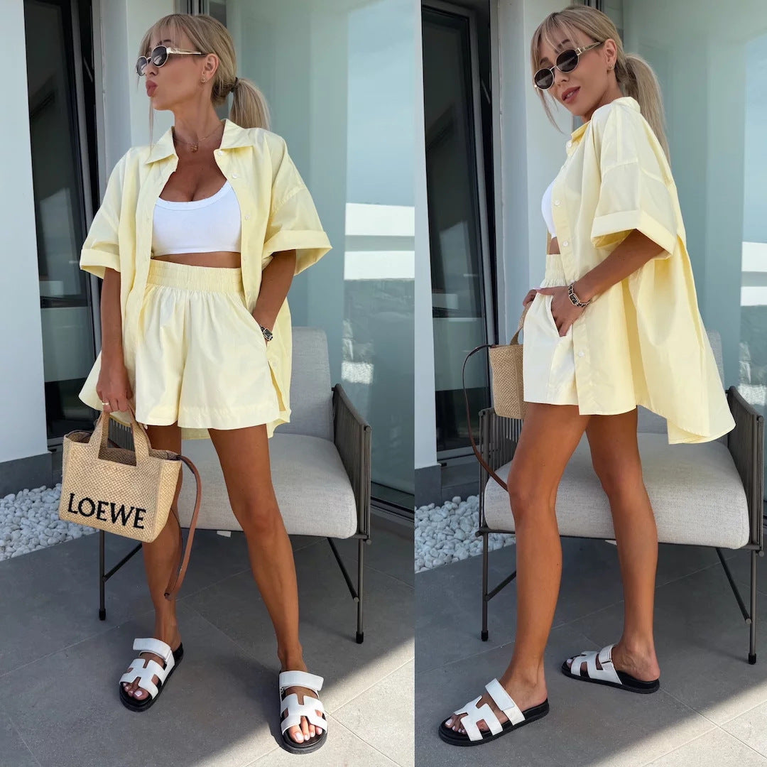 Damen Tragekomfortable Kurzarm-Bluse und Shorts Set Drune