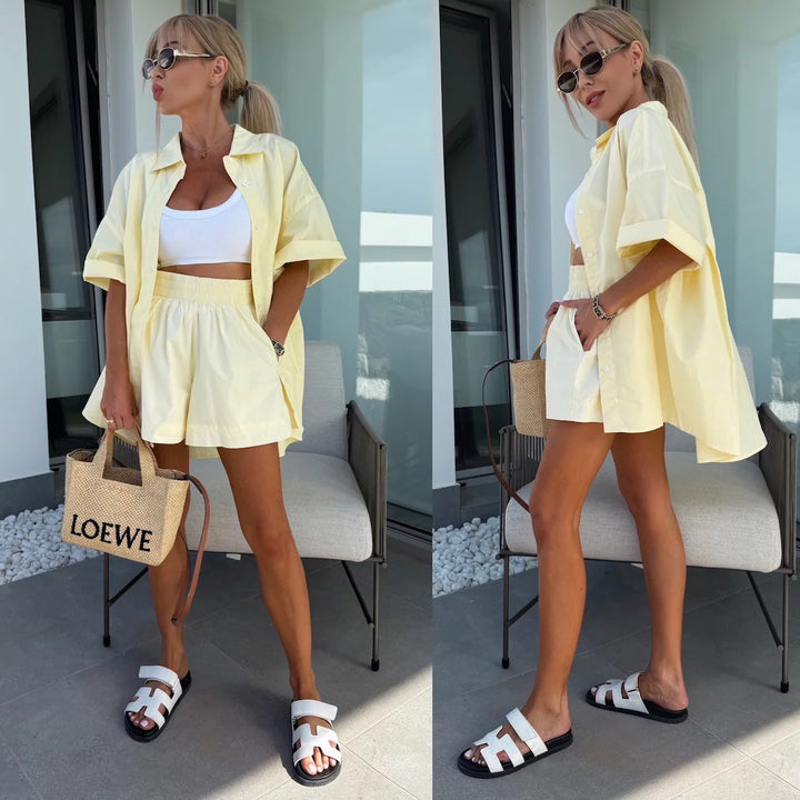 Damen Tragekomfortable Kurzarm-Bluse und Shorts Set Drune