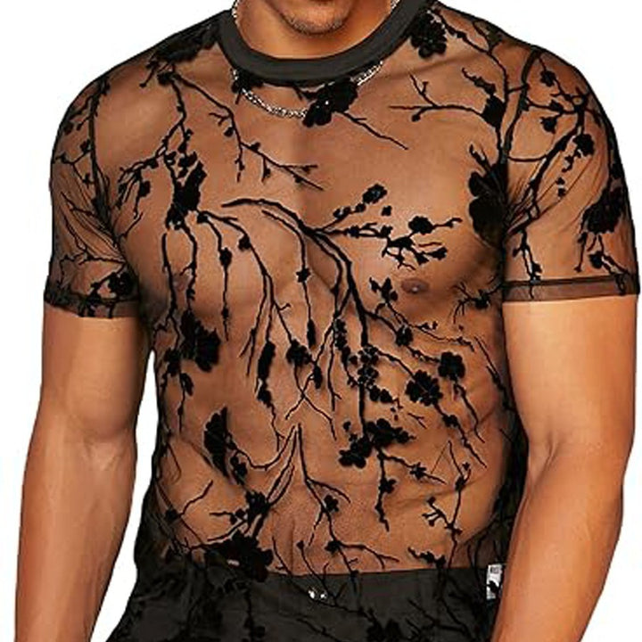 Damen nan transparentes Netz-Oberteil mit floraler Samtstickerei und Rundhalsausschnitt Drune