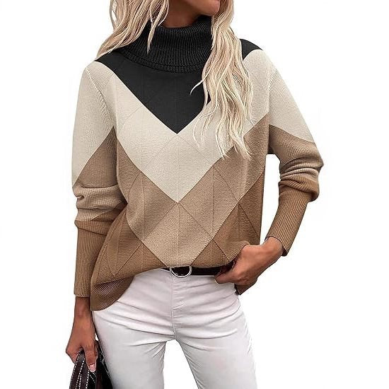 Damen Modischer Strickpullover mit hohem Kragen und geometrischem Design Drune