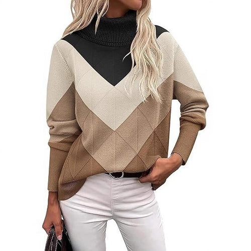 Damen Modischer Strickpullover mit hohem Kragen und geometrischem Design Drune