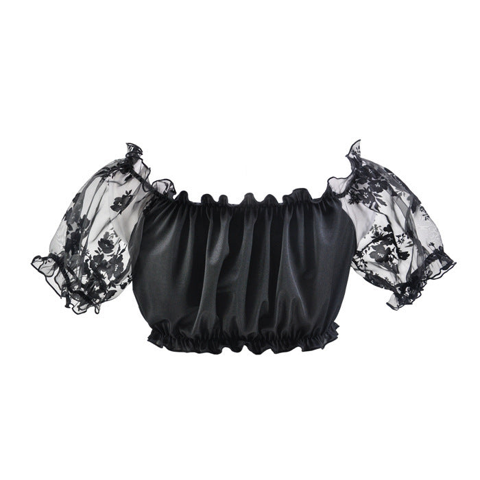 Damen nan gerafftes Carmen-Bauchfreies Top mit Puffärmeln und elastischem Saum Drune