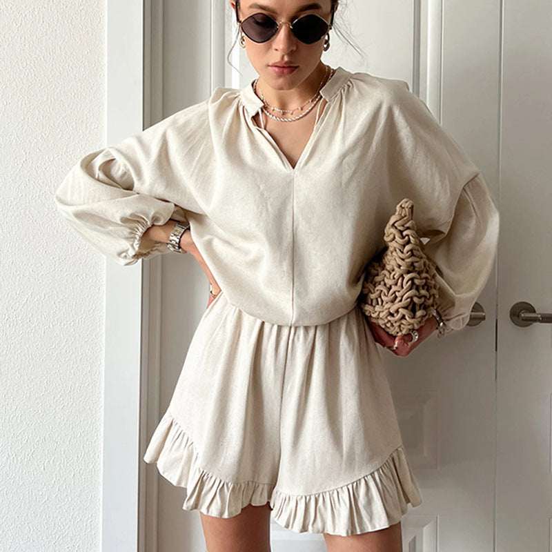 Damen lässiges Blusen- und Shorts-Set mit Rüschendetails und weitem Schnitt Drune