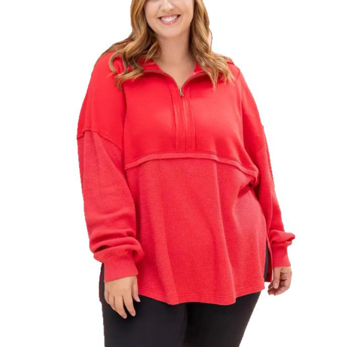 Damen lässiger Pullover mit halbem Reißverschluss und voluminösen Ärmeln Drune