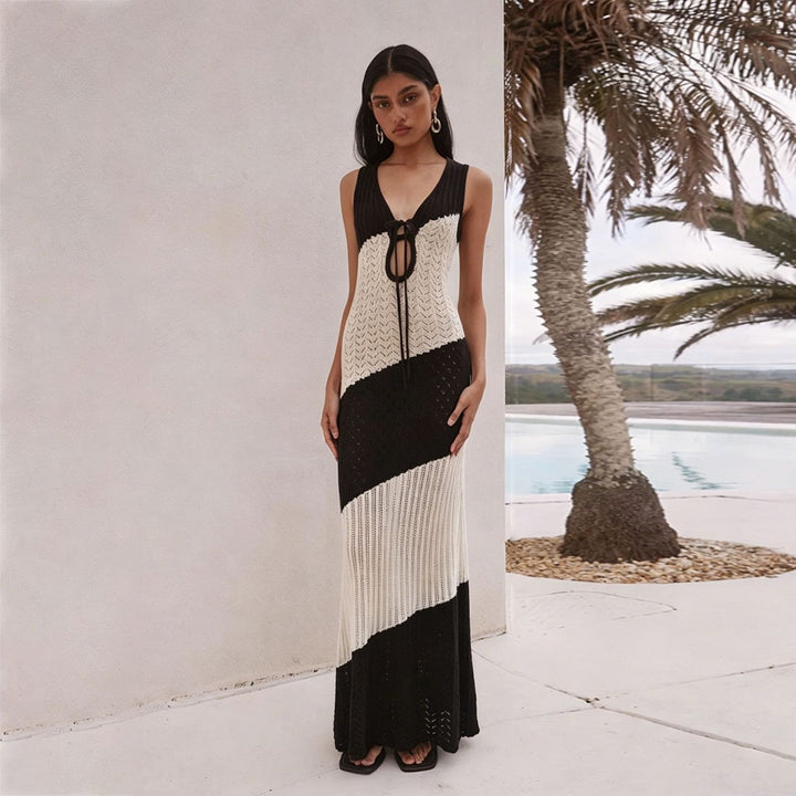 Damen gehäkeltes Maxikleid mit tiefem V-Ausschnitt und Bindegürtel Drune