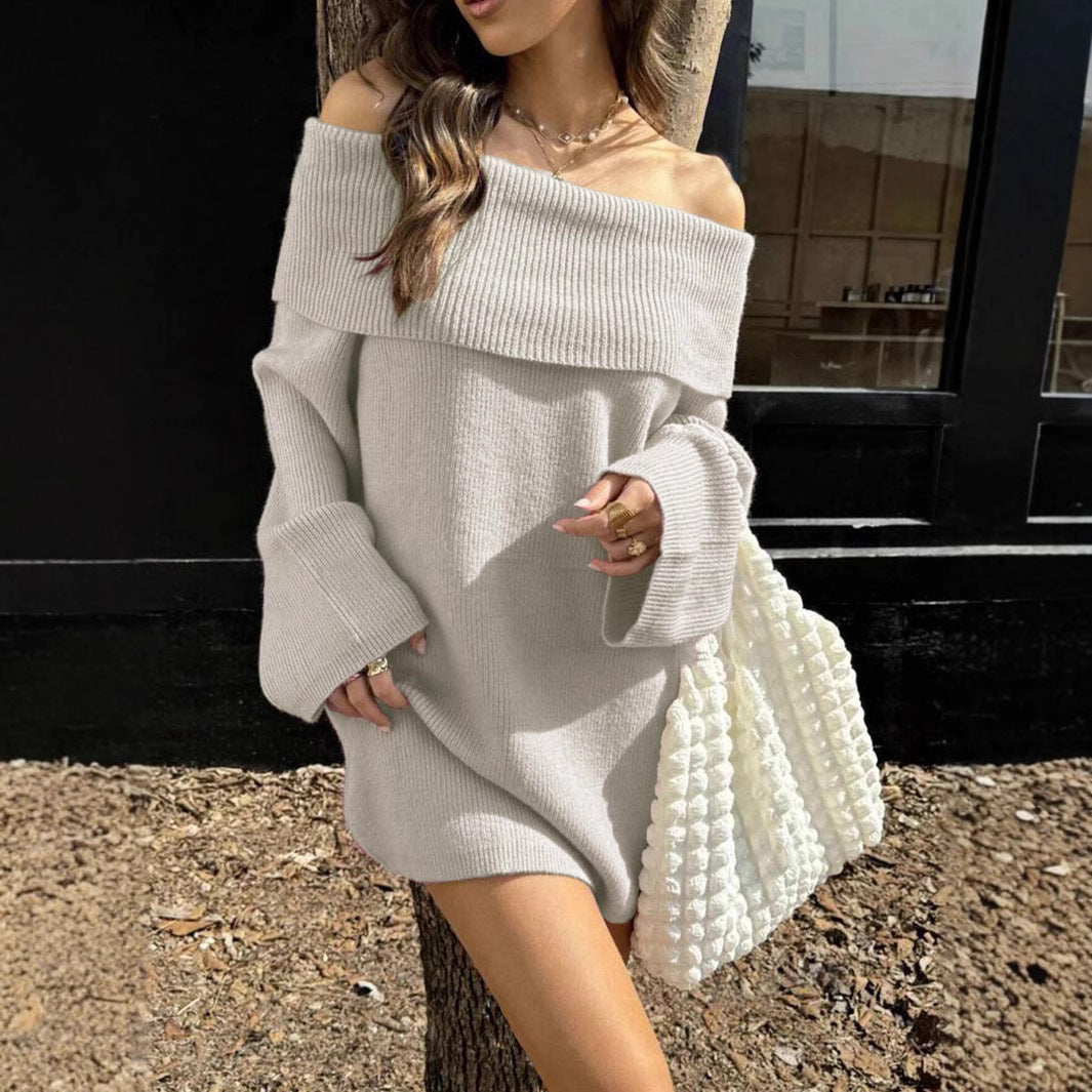 Damen lässiges Off-Shoulder Strickkleid mit breiten Rippdetails Drune