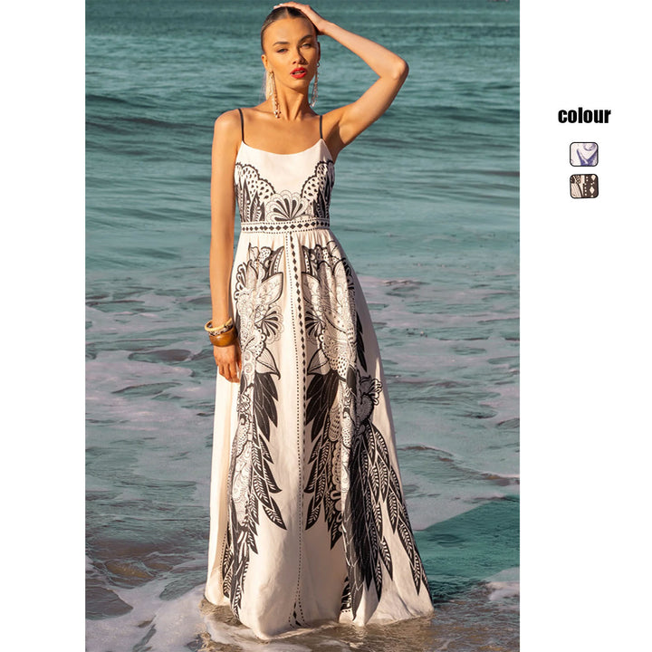 Damen Maxikleid mit feinen Trägern und künstlerischem grafikdruck Drune