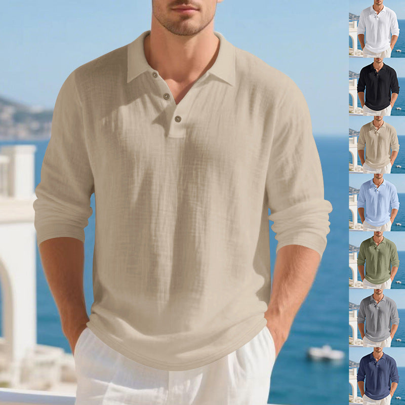 Herren nan langärmliges Baumwoll-Musselin Polohemd mit Holzknopfleiste und klassischem Kragen Drune