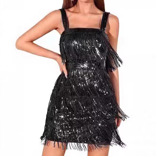 Damen Glamouröses Fransen-Cocktailkleid mit Pailletten und tiefem V-Ausschnitt Drune