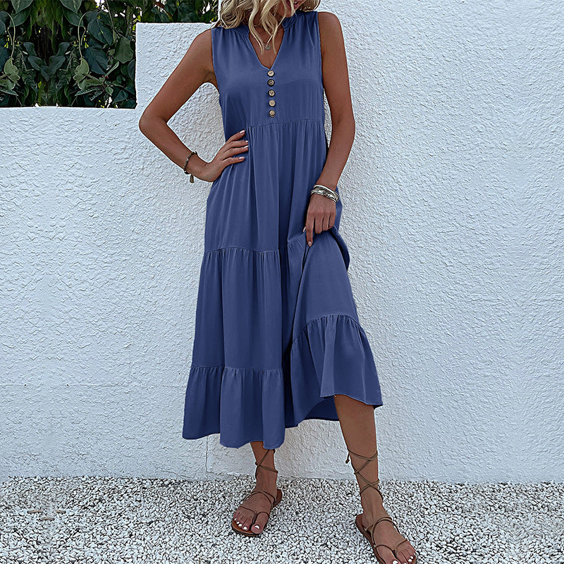 Damen luftiges Maxikleid mit Knopfdetails und Rüschensaum Drune