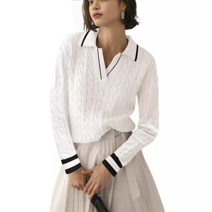 Damen Strickpullover mit Karpfen-Muster und kontrastierenden Bündchen Drune