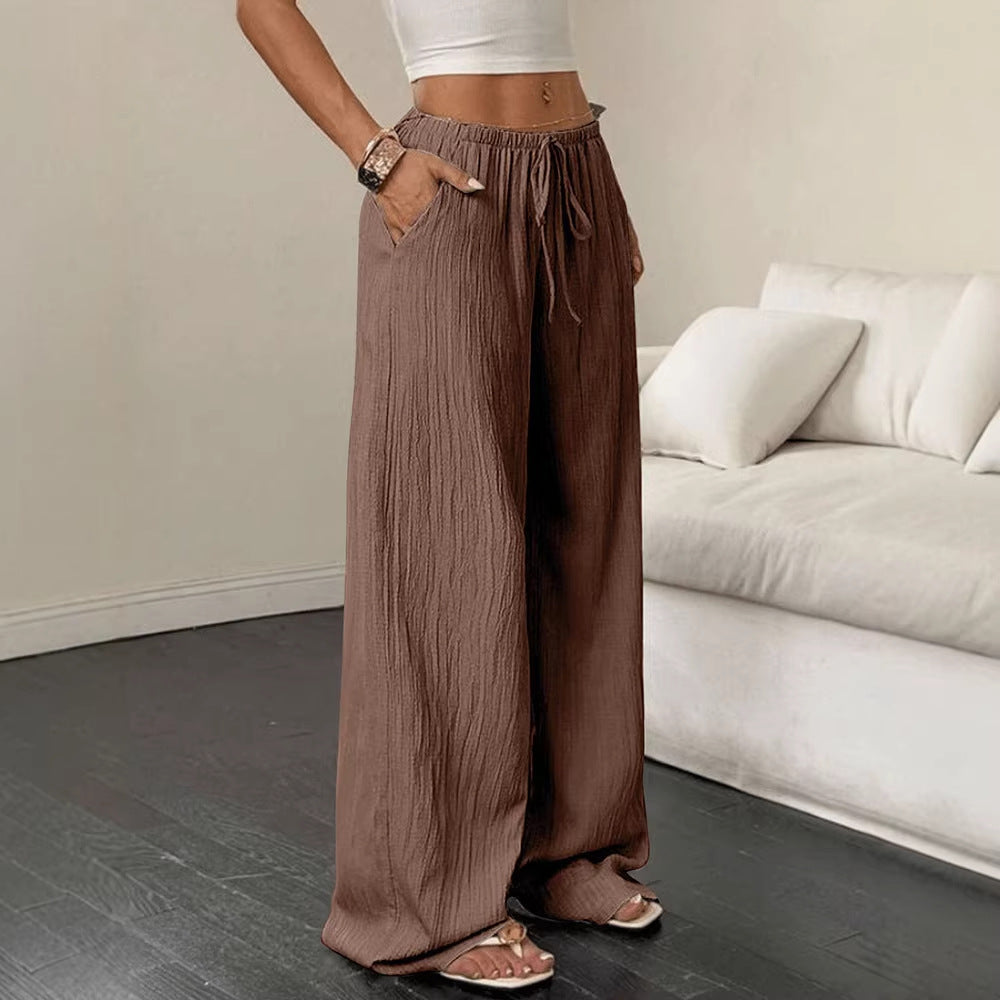 Damen Weite Leinenhose mit elastischem Bund und dekorativem Kordelzug Drune
