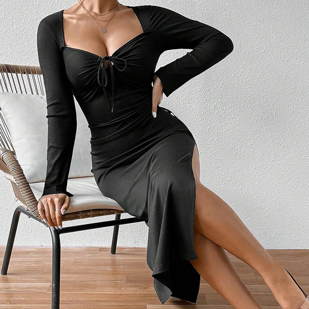 Damen Langarm-Rippkleid mit flexibel einstellbarem Kordelzug Drune
