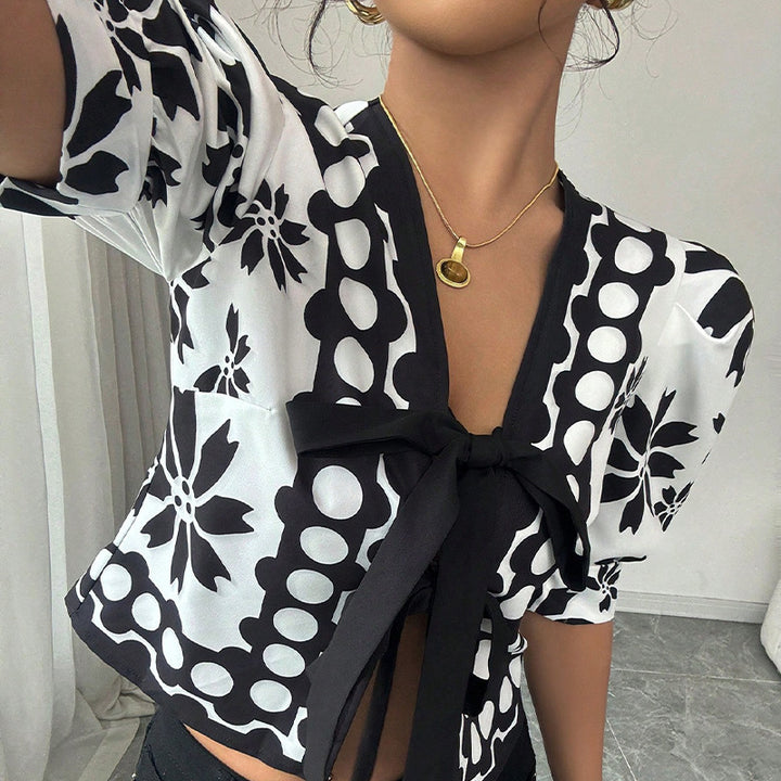 Damen Bluse mit floralem Druck und Schleifenbindung Drune