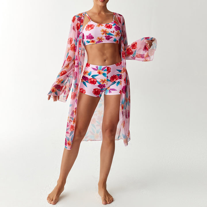 Damen Badeanzug Set mit floralem Oberteil und transparentem Strandüberwurf Drune