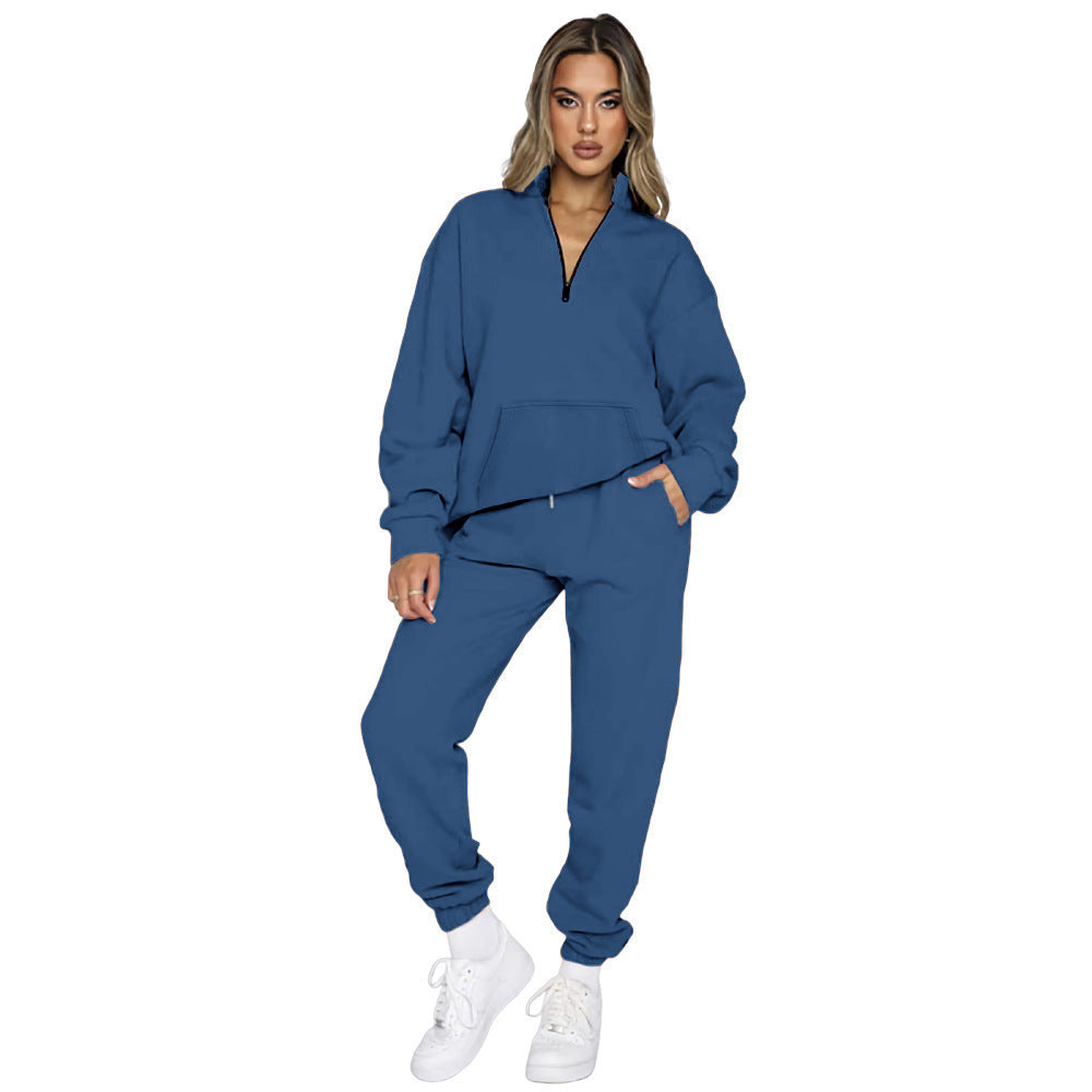 Damen nan French‑Terry Relax‑Loungewear‑Set mit halbem Reißverschluss, Kängurutasche und taillierter, schmal zulaufender Jogginghose Drune