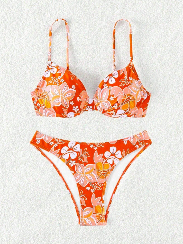 Damen gepolsterter Triangel-Bikini mit floralem Design und verstellbaren Trägern Drune