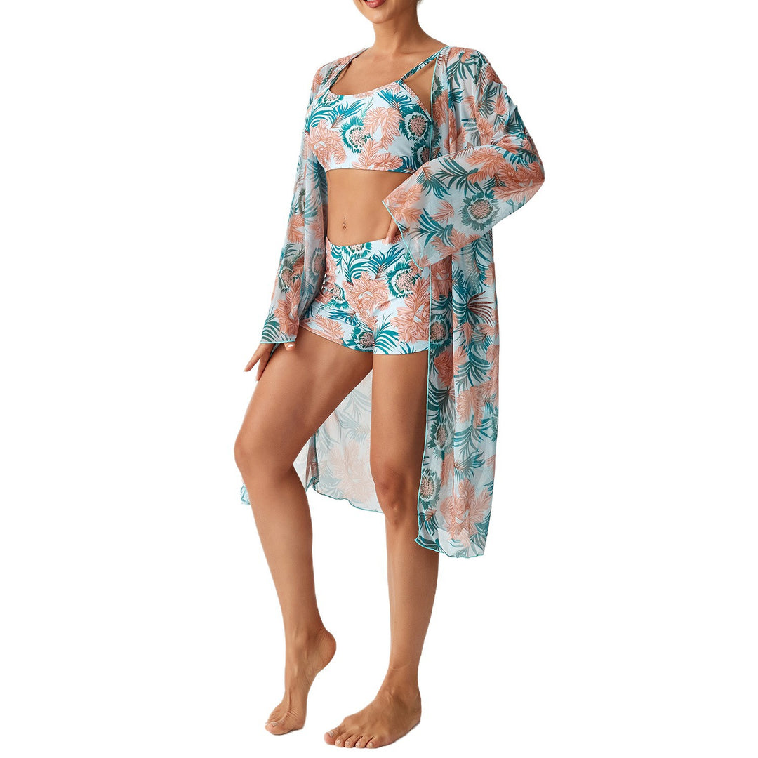 Damen Badeanzug Set mit floralem Oberteil und transparentem Strandüberwurf Drune